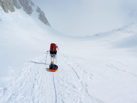 Climbers headed across the basin above Squirrel Hill and heading towards Windy Corner above.