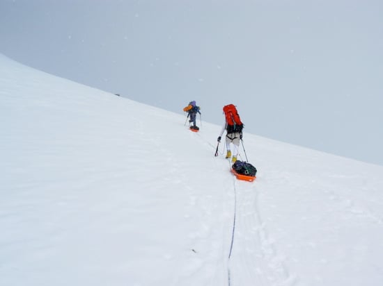 A rope team approach the apex of Windy Corner in good conditions.