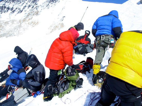 The Fixed Lines and the Ridge to High Camp 11 A group digging their cache at the top of the fixed lines around 16,300 feet.