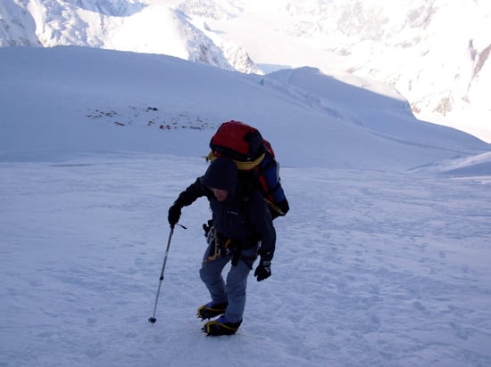 The Fixed Lines and the Ridge to High Camp 14 AAI Guide Matt Anderson leading a team to the lines in the early morning.