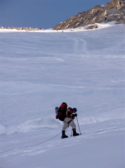 The Fixed Lines and the Ridge to High Camp 15 Climber Adam Janikowsky approach the lines with a team on the headwall high above.