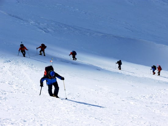 The Fixed Lines and the Ridge to High Camp 17 Rope teams working their way towards the base of the lines.