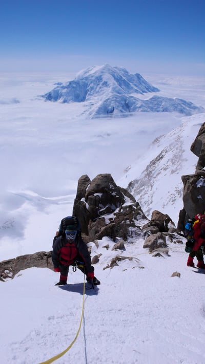 The Fixed Lines and the Ridge to High Camp 33 Looking down on Washburn's Thumb with Mount Foraker behind.