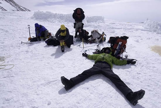 Coley Gentzel takes a break at High Camp after moving up from 14,200 feet. Photo: Matthew Anderson