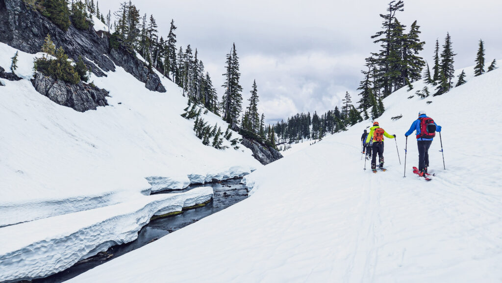 Skiers backcountry tour past an open creek during their AIARE avalanche course.