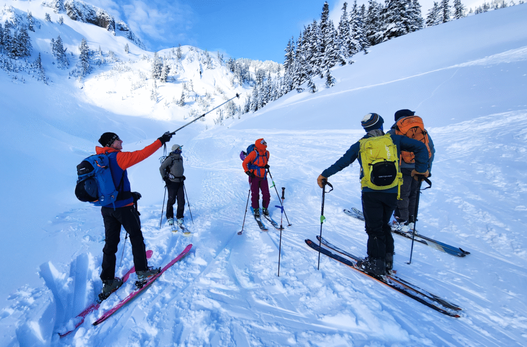 Skier Points at terrain for students to learn