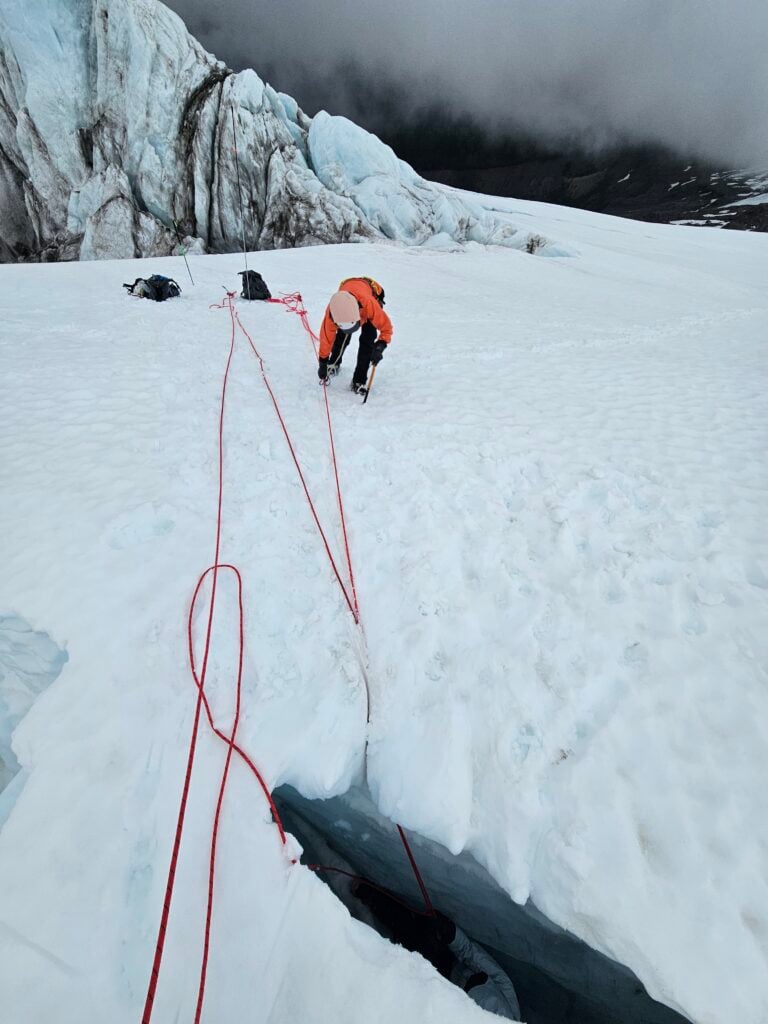 Students set up a crevasse rescue hauling system on Mt. Baker's North Side during their AMTL 1 program