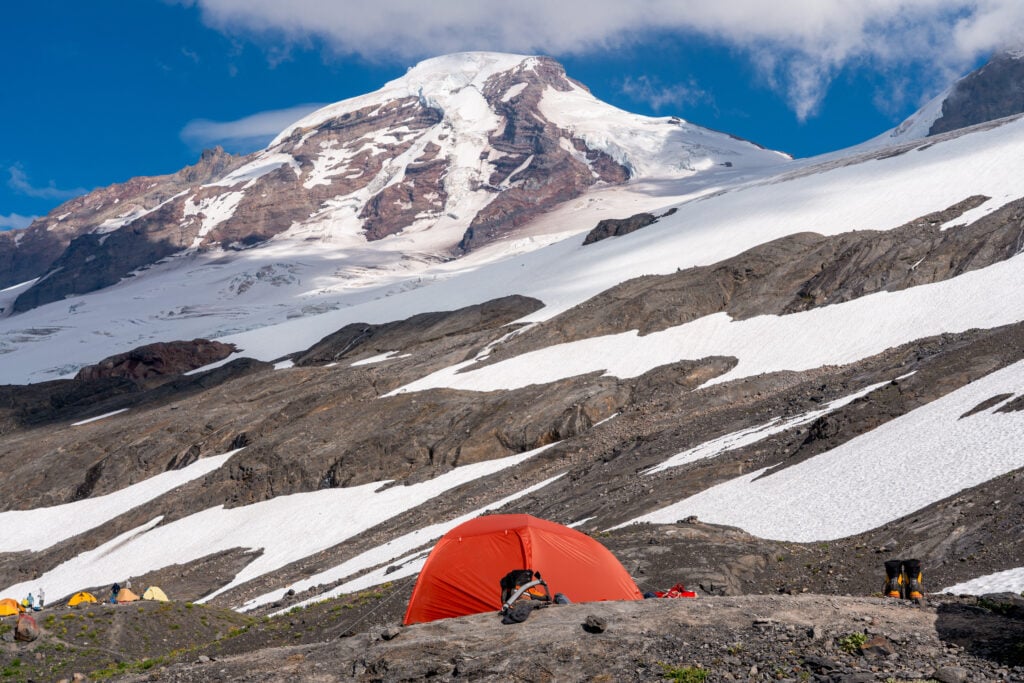 A tent at camp under the summit of Mt. Baker