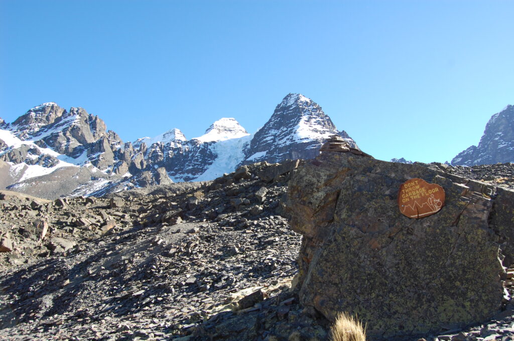 Leave No Trace sign in the Condoriri Mountains, Bolivia