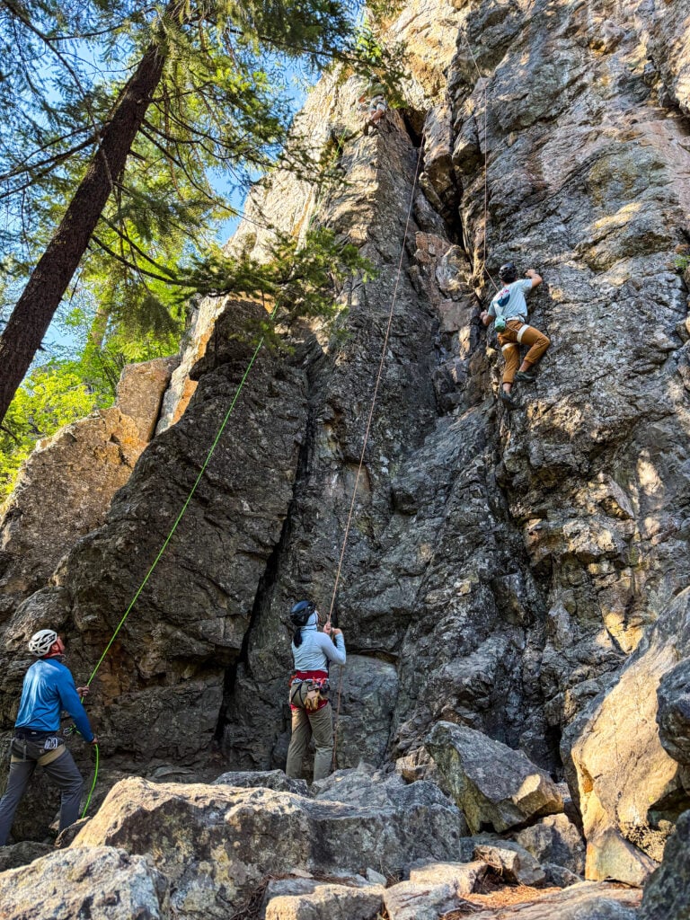 A group of student climbers learn how to rock climb during AMTL 1 at Phun Rocks in Mazama, Washington