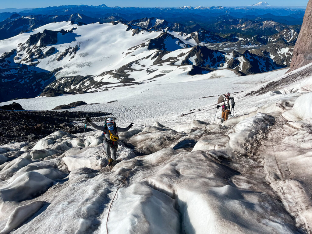 Climbers navigate the glaciers near the top of Glacier Peak on an American Alpine Institute mountaineering program