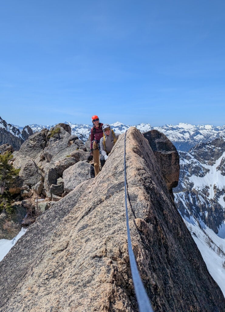 The knife edge of the climb on a multi-pitch rock route on an American Alpine Institute private rock climbing program