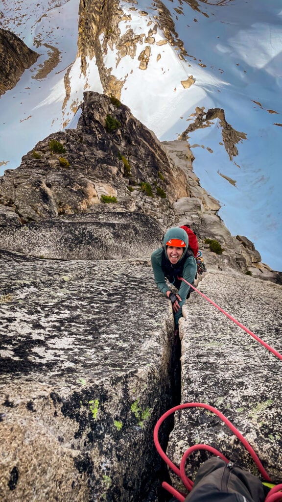 Sharing the stoke in a splitter crack climb during an American Alpine Institute rock climbing course in Washington Pass