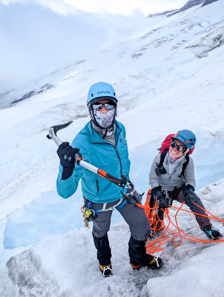 Students pose with their glacier travel tools on the American Alpine Institute Leaders of Tomorrow Summit Camp on Mt. Baker