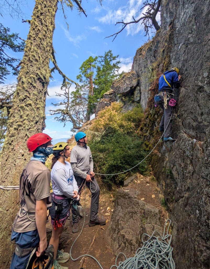 Students learn and participate in sport lead climbing on an American Alpine Institute Leaders of Tomorrow Rock Climbing Camp
