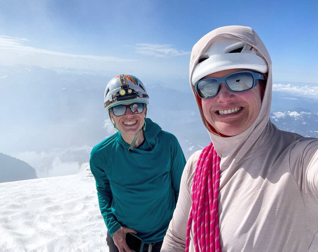 Summit smiles at the top of Mt. Baker on an American Alpine Institute mountaineering course