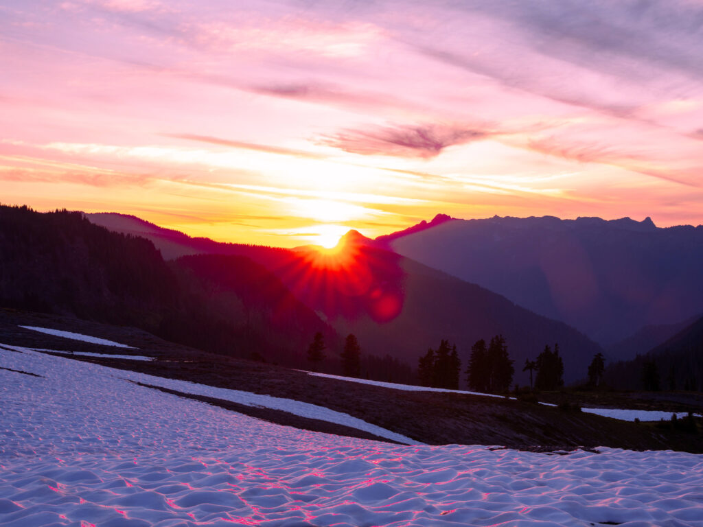 Sunsets stun in the North Cascades. This one on a trail near the Mt. Baker backcountry, seen during an American Alpine Institute course
