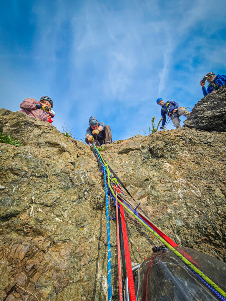 Looking up at the rescue team on an American Alpine Institute rope rescue program