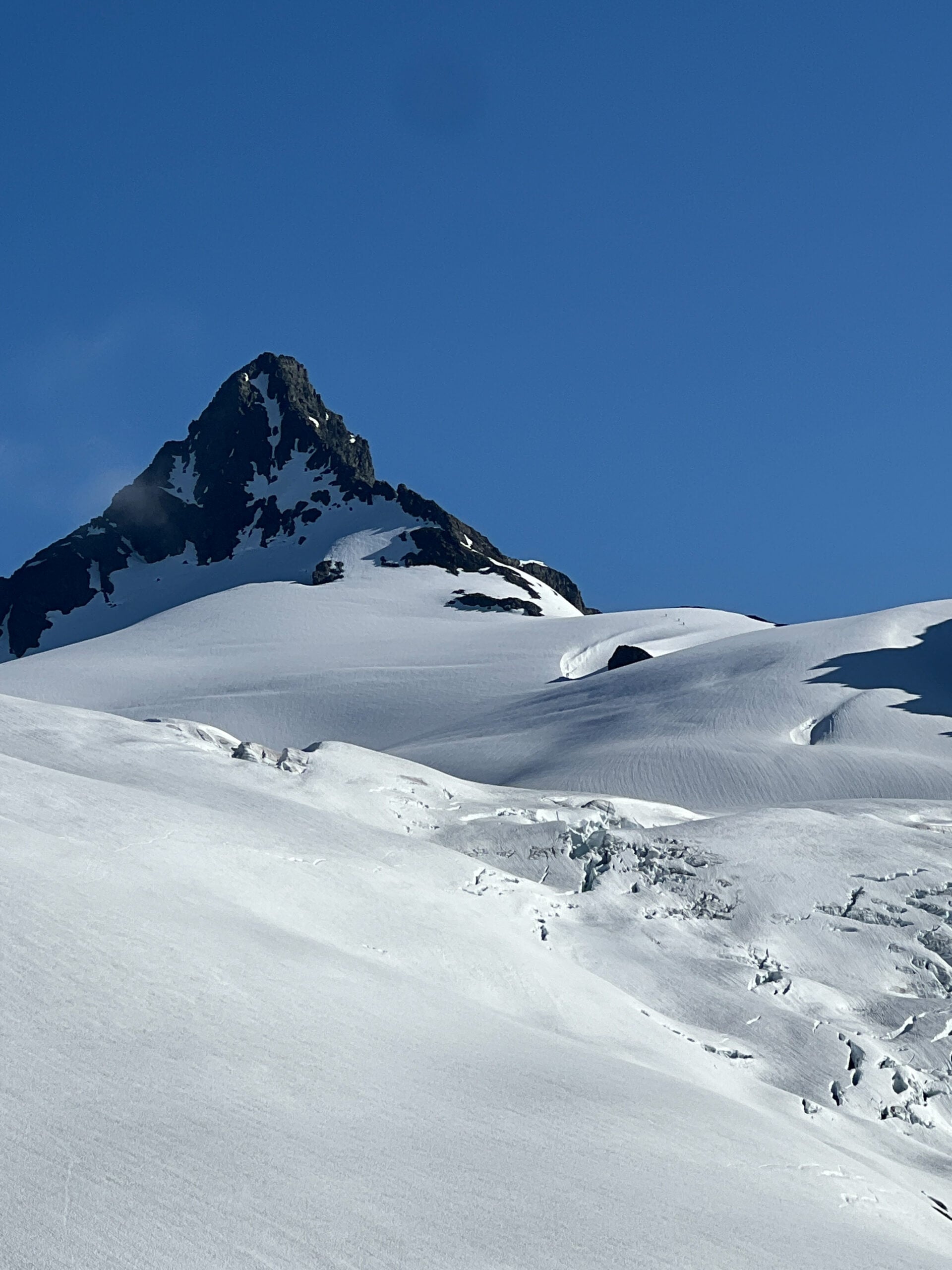 Tiny climbers barely visible on the horizon of the Sulphide Glacier of Mt. Shuksan on an American Alpine Institute mountaineering program