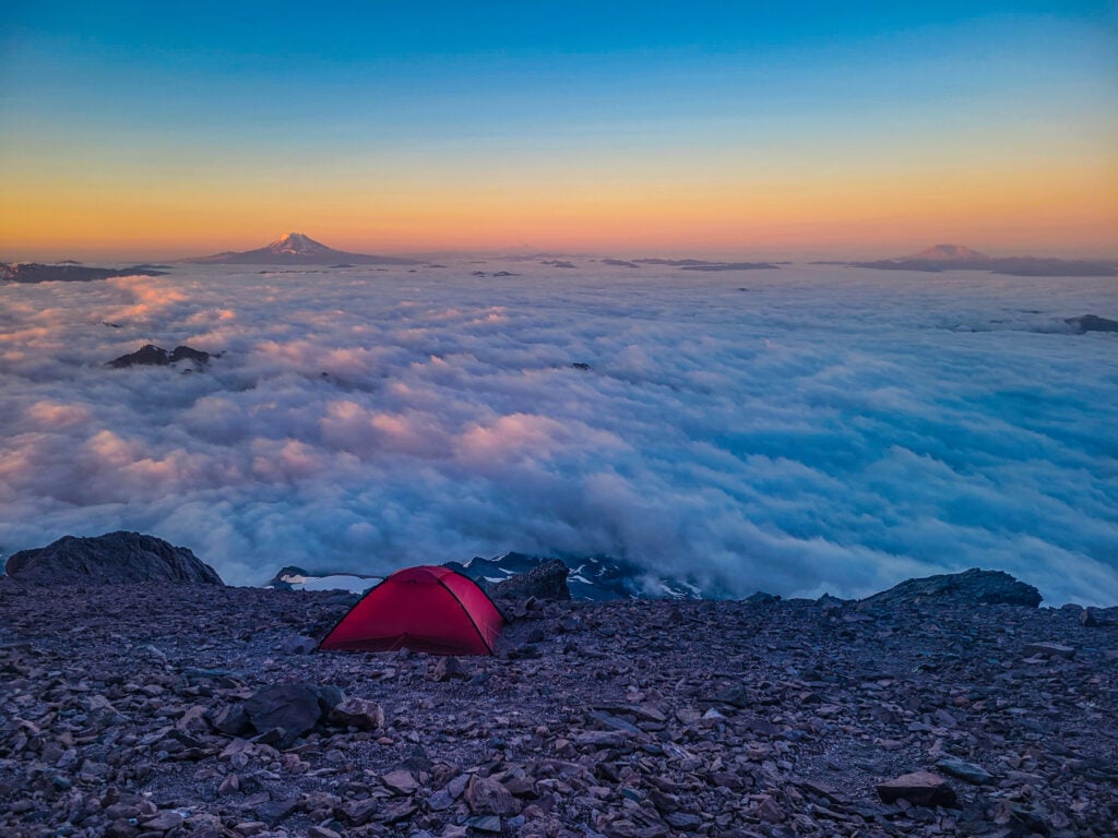 A high altitude camp on Mt. Rainier Kautz route on an American Alpine Institute mountaineering program